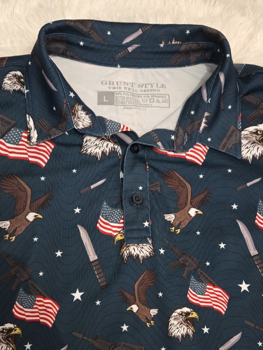 Grunt Style Navy Blue Patriotic Eagle & Flag Polo Size L